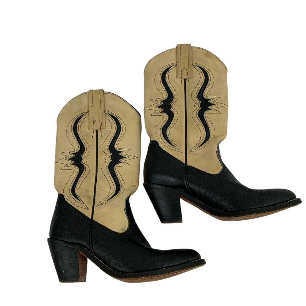 Frye Women's Size 6.5 Vintage Cowboy Boots Suede Lizard Beige Black Western